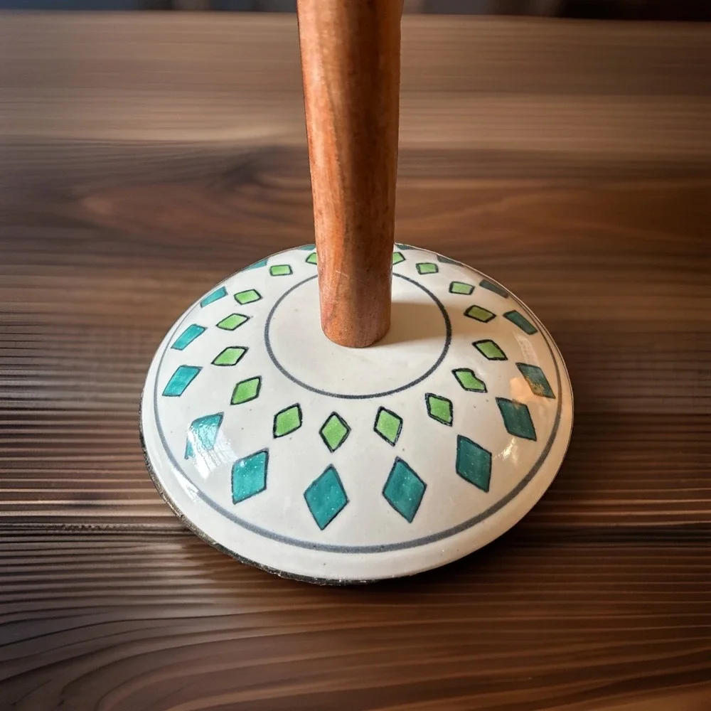Talavera Style Blue/White/green Ceramic & Wood Paper Towel Holder Geometric Boho